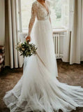 Long Sleeve Wedding Gown,Open Back Tulle Bridal Dress,WD00807