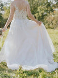 V Back Illusion Neckline Wedding Gown,A-line Embroidered Bridal Dress,WD00814