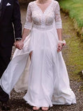 Chiffon Bridal Dress with Slit,Illusion Sleeve Wedding Dress,WD00815