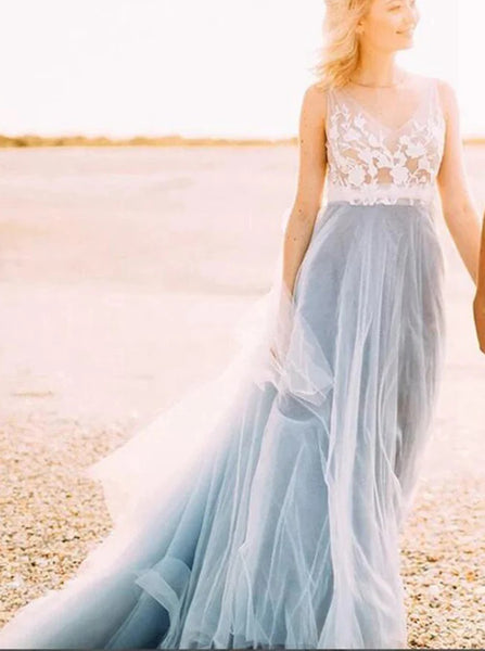 White Over Dusty Blue Beach Wedding Dresses,See Through Casual Bridal Gown,WD00825