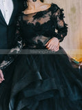 Black Wedding Ballgown Long Sleeves,Luxurious Gown with 3D Floral Appliques,WD00830