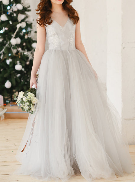 Silver A-line Wedding Dresses,Outdoor Tulle Bridal Gown,WD00832