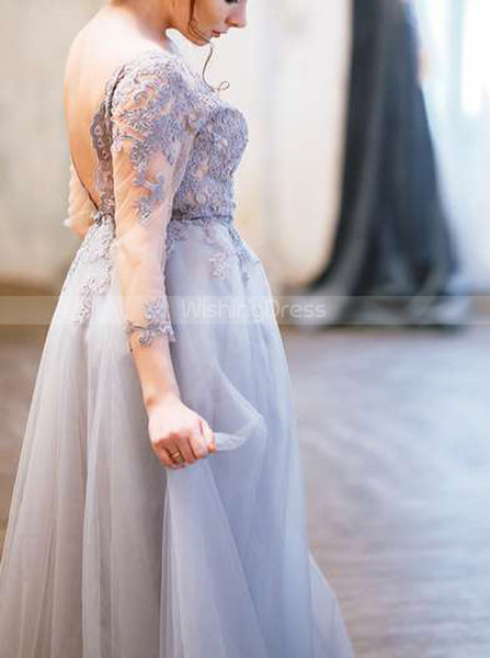 Mauve Sheer Bodice Wedding Dresses,V Back Long Bridal Gown,WD00833