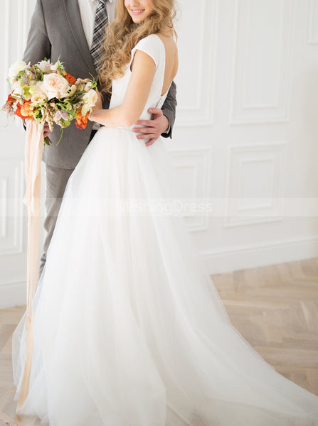 Simple A-line Wedding Dress,Cap Sleeves Tulle Bridal Gowns,WD00836