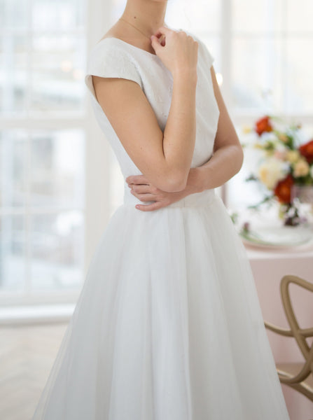 Simple A-line Wedding Dress,Cap Sleeves Tulle Bridal Gowns,WD00836