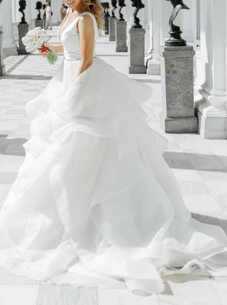 Flounce Skirt Wedding Gown,Plunging Neckline Bridal Gowns,WD00840