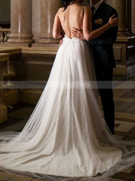 Spaghetti Straps Pearl Bridal Gown,Open Back Wedding Dress with Slit,WD00842