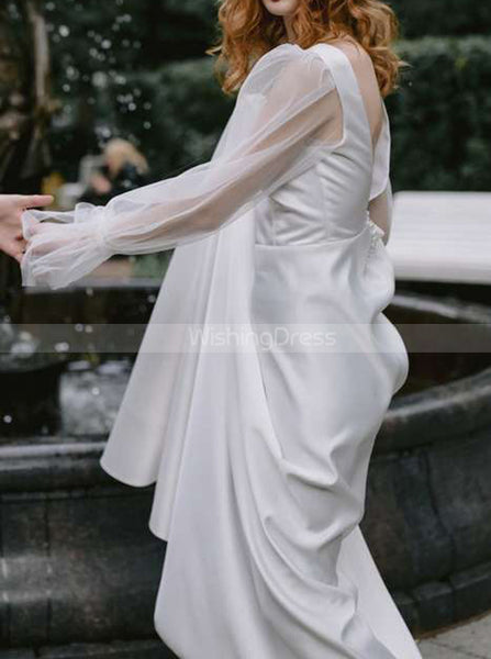 Vintage A-line Satin Wedding Dresses With Tulle Sleeves,V-back Bridal Dress,WD00858