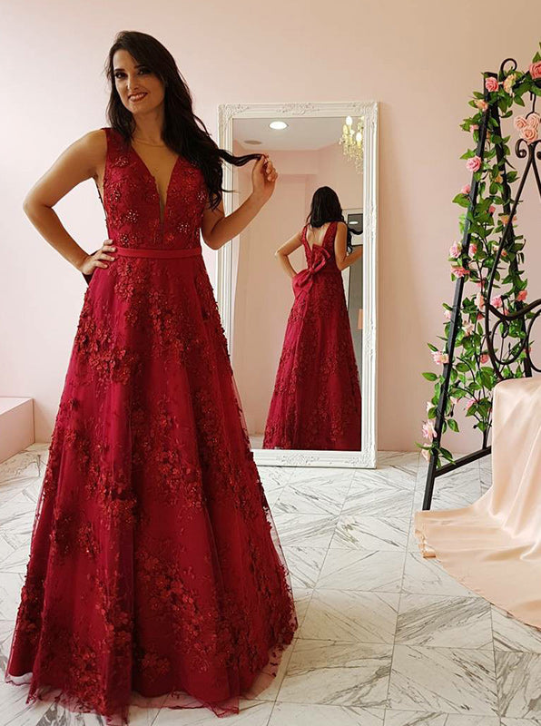 A-line Burgundy Lace Prom Dress,Gorgeous Evening Dress with Bowknot PD ...