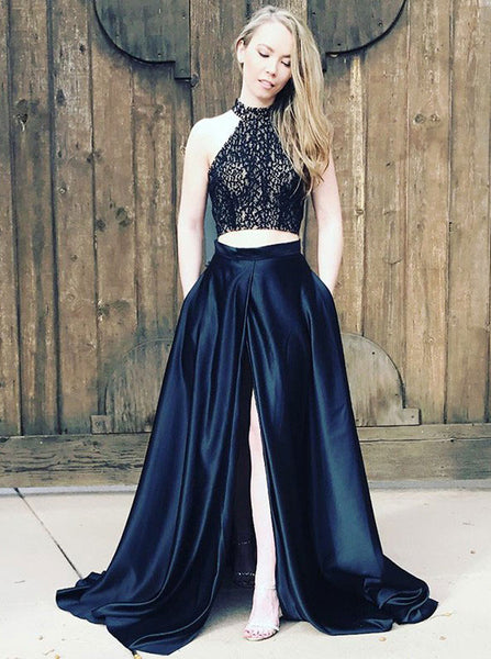 A-line Dark Navy Two Piece Prom Dress,Satin Prom Dress with Slit,Girl Party Dress PD00135