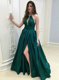 A-line Halter Prom Dress,Taffeta Long Evening Dress,Women Prom Dress Dark Green with Slit PD00155