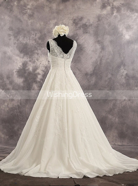 A-line Ivory V-neck Wedding Dresses,Princess Bridal Dress with Chapel Train,WD00546