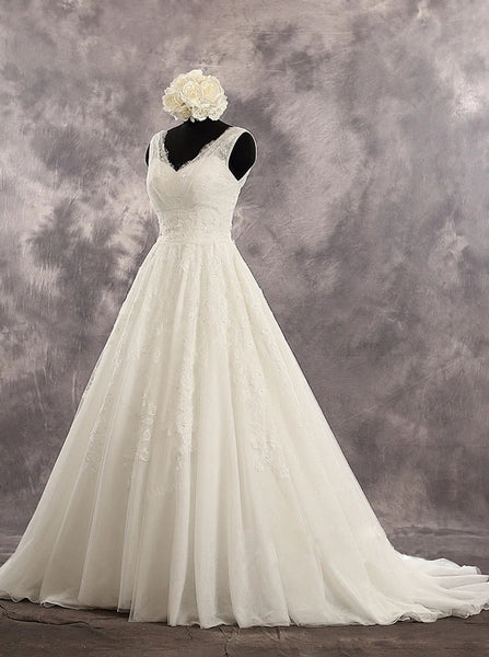 A-line Ivory V-neck Wedding Dresses,Princess Bridal Dress with Chapel ...