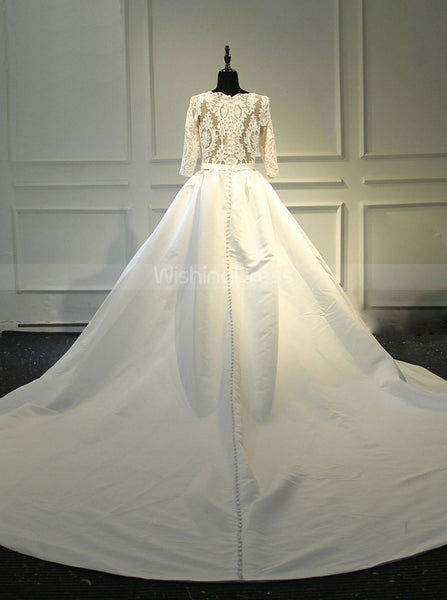 A-line Ivory Wedding Gown,Classic Bridal Dress with Sleeves,WD00376