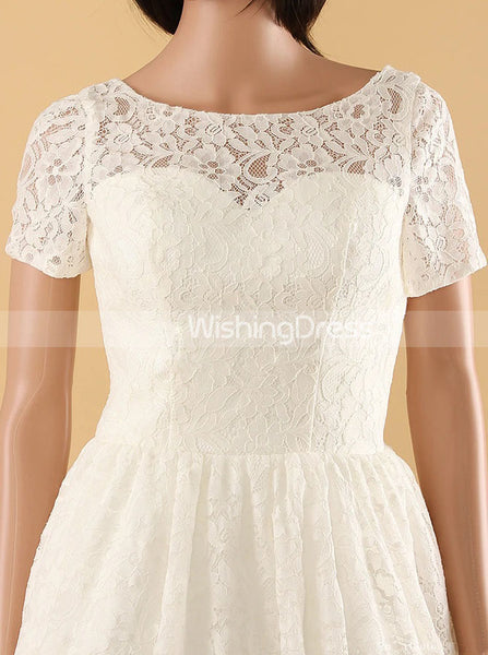 A-line Knee Length Wedding Dresses,Outdoor Lace Wedding Dress with Short Sleeves,WD00566