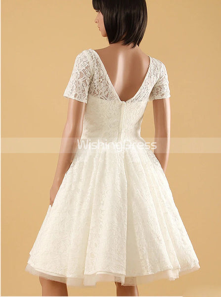 A-line Knee Length Wedding Dresses,Outdoor Lace Wedding Dress with Short Sleeves,WD00566