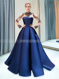 A-line Satin Prom Dresses with Sleeves,High Neck Evening Dress,PD00381