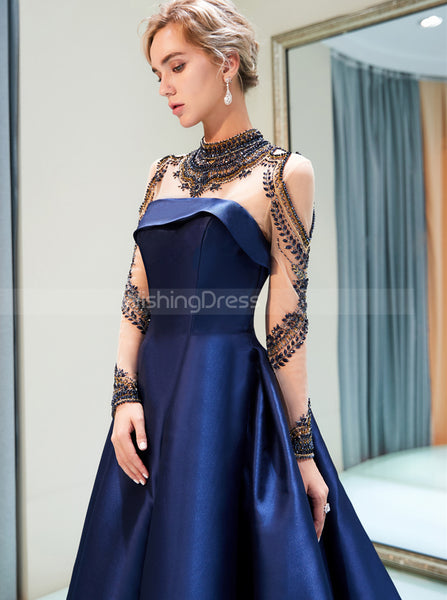 A-line Satin Prom Dresses with Sleeves,High Neck Evening Dress,PD00381