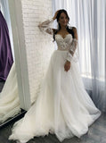 A-line Sweetheart Wedding Dresses,Tulle Bridal Gown with Lace Sleeves,WD00644