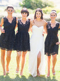 Black Bridesmaid Dress,Short Lace Bridesmaid Dress,V neck Bridesmaid Dress,BD00173