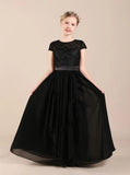 Black Chiffon Junior Bridesmaid Dress,Elegant Junior Bridesmaid Dress with Sleeves,JB00051