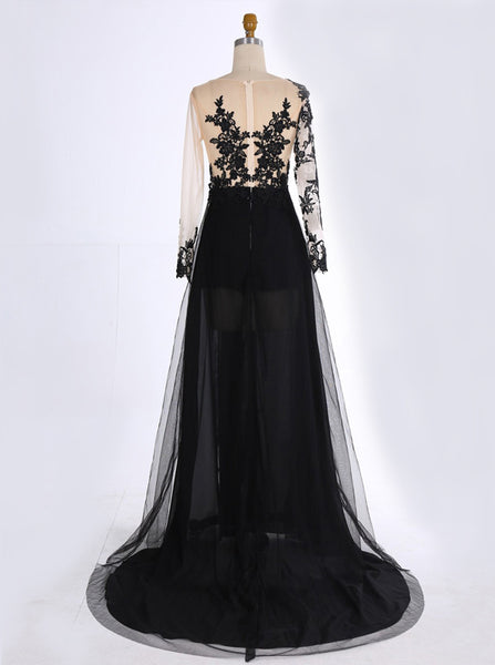 Black Long Sleeves Prom Dress, Lace Prom Dress, Tulle Prom Dress,Slit ...