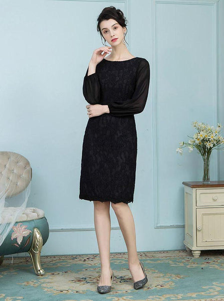 Black Mother of the Bride Dress,Mother Dress with Long Sleeves,Knee Length Mother Dress,MD00008