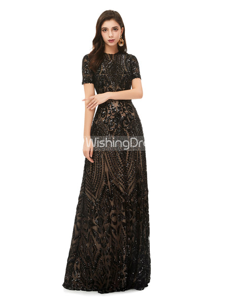 Black Sequined Evening Dress with Short Sleeves,Modest Prom Dress,PD00469