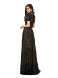 Black Sequined Evening Dress with Short Sleeves,Modest Prom Dress,PD00469