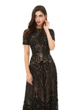 Black Sequined Evening Dress with Short Sleeves,Modest Prom Dress,PD00469