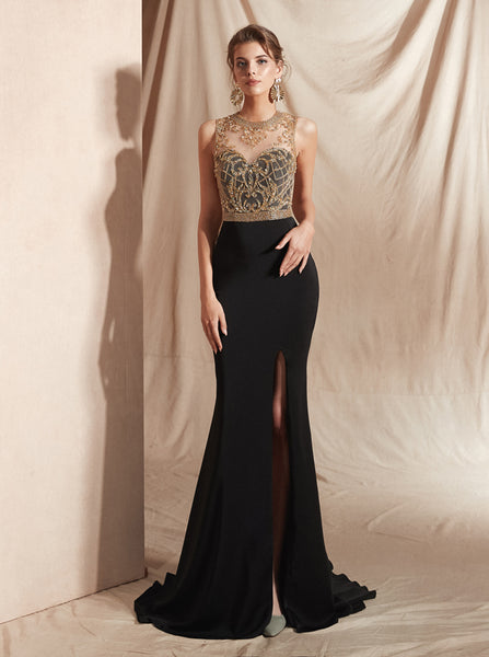 Black Spandex Prom Dresses,Evening Dress with Slit,PD00414