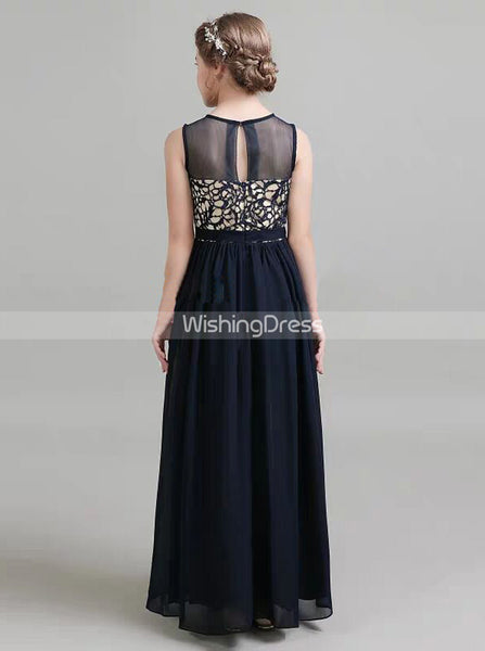 Dark Navy Summer Junior Bridesmaid Dress,Chiffon Long Junior Bridesmaid Dress,JB00058