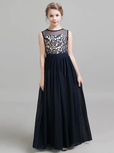 Dark Navy Summer Junior Bridesmaid Dress,Chiffon Long Junior Bridesmaid Dress,JB00058