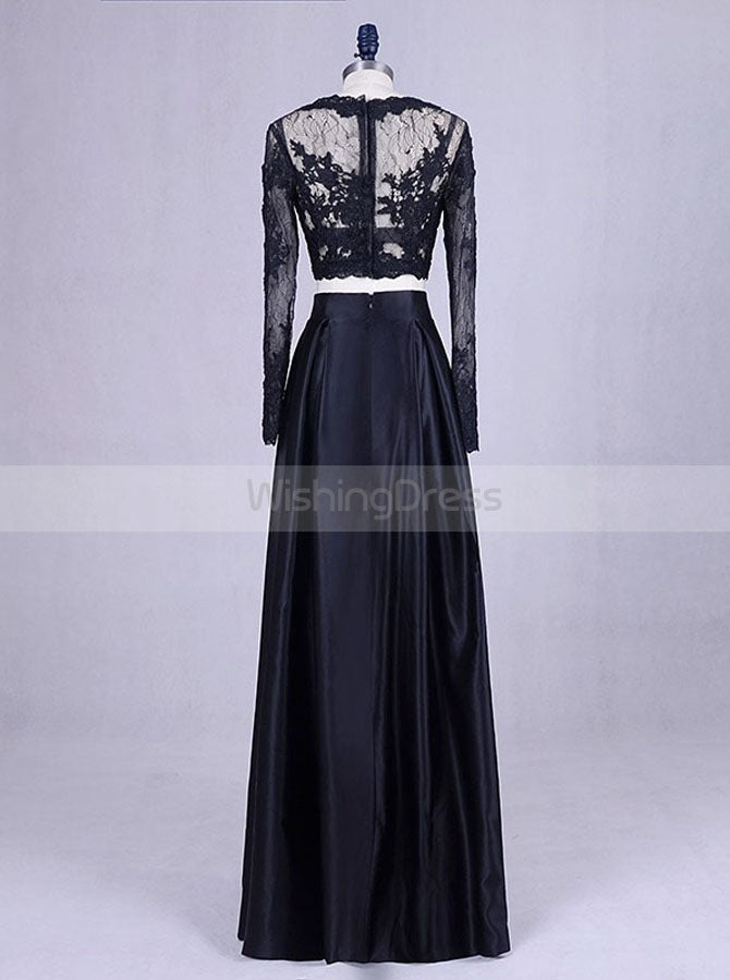 High Neck Two-piece Black Lace & Satin Prom Dress - Xdressy