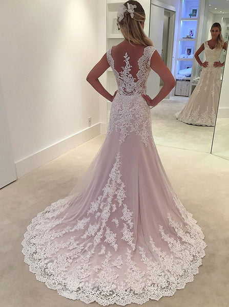 Blush Wedding Dresses,Aline Wedding Dress,Lace Bridal Dress,Elegant Br ...