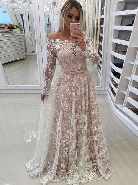 Blush Wedding Dresses with Sleeves,Off the Shoulder Bridal Dress,Lace Wedding Dress,WD00303