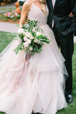 Blushing Pink Tulle Wedding Gown,Ruffled Bridal Gown with Straps,WD00337