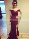 Burgundy Bridesmaid Dress,Off the Shoulder Bridesmaid Dress,Lace bridesmaid Dress with Slit,BD00067