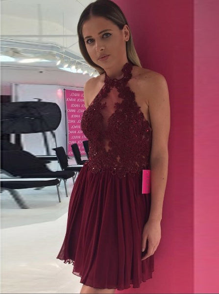 Burgundy Cocktail Dresses,Halter Cocktail Dress,Short Cocktail Dress,CD00045