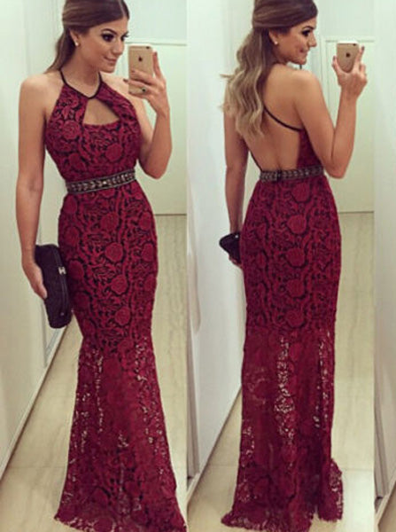 Burgundy Lace Prom Dress,Formal Long Evening Dress,Backless Prom Dress PD00025