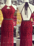 Burgundy Lace Prom Dress,Formal Long Evening Dress,Backless Prom Dress PD00025