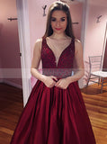 Burgundy Taffeta Prom Gown,Floor Length Prom Dress with Pockets,V Neck Evening Dress PD00067