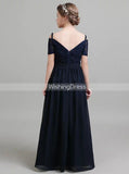 Chiffon Summer Junior Bridesmaid Dresses,Dark Navy Long Junior Bridesmaid Dress,JB00055