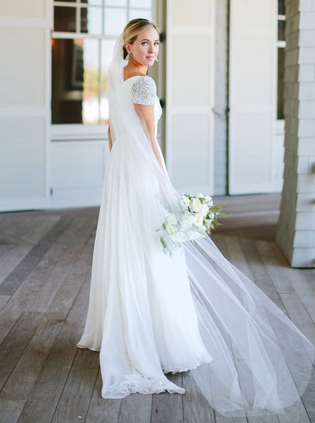 Chiffon Wedding Dress with Beaded Cap Sleeves,Beach Wedding Dress,WD00418