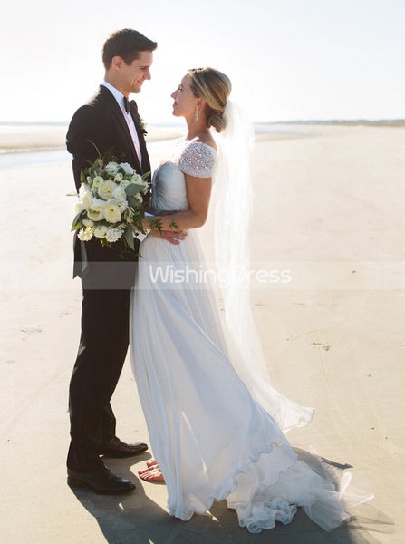 Chiffon Wedding Dress with Beaded Cap Sleeves,Beach Wedding Dress,WD00418