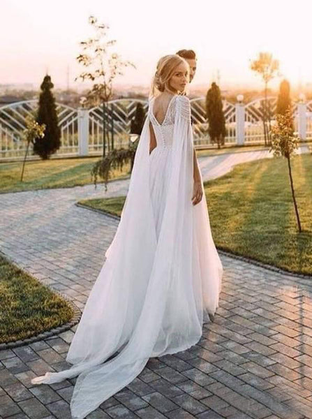 Chiffon Wedding Dress with Sweep-Brush Train,Rustic Wedding Dress,Beach Wedding Dress,WD00505