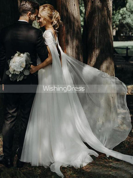 Chiffon Wedding Dress with Sweep-Brush Train,Rustic Wedding Dress,Beach Wedding Dress,WD00505