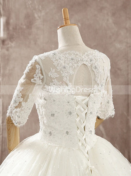 Classic Ball Gown Wedding Dress with Sleeves,Sequined Tulle Bridal Gown,WD00602