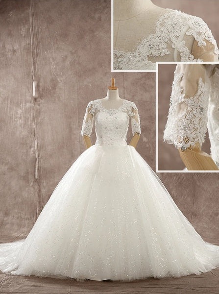 Classic Ball Gown Wedding Dress with Sleeves,Sequined Tulle Bridal Gown,WD00602