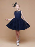 Dark Navy Lace Party Dress for Teens,Knee Length Junior Bridesmaid Dress,JB00046